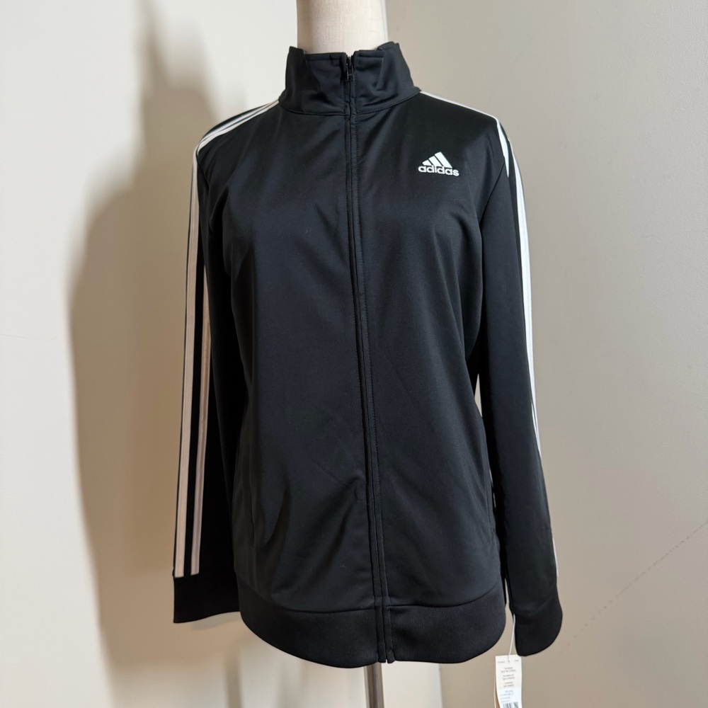 Adidas Boys Long Sleeve -SZ L- Black White Stripe Full-Zip Tricot Jacket